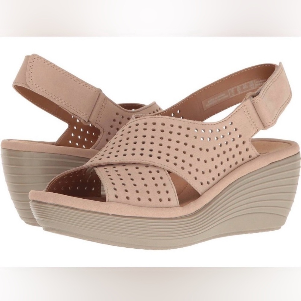 Clarks Women's Nude Beige Perforated Wedge Sandals